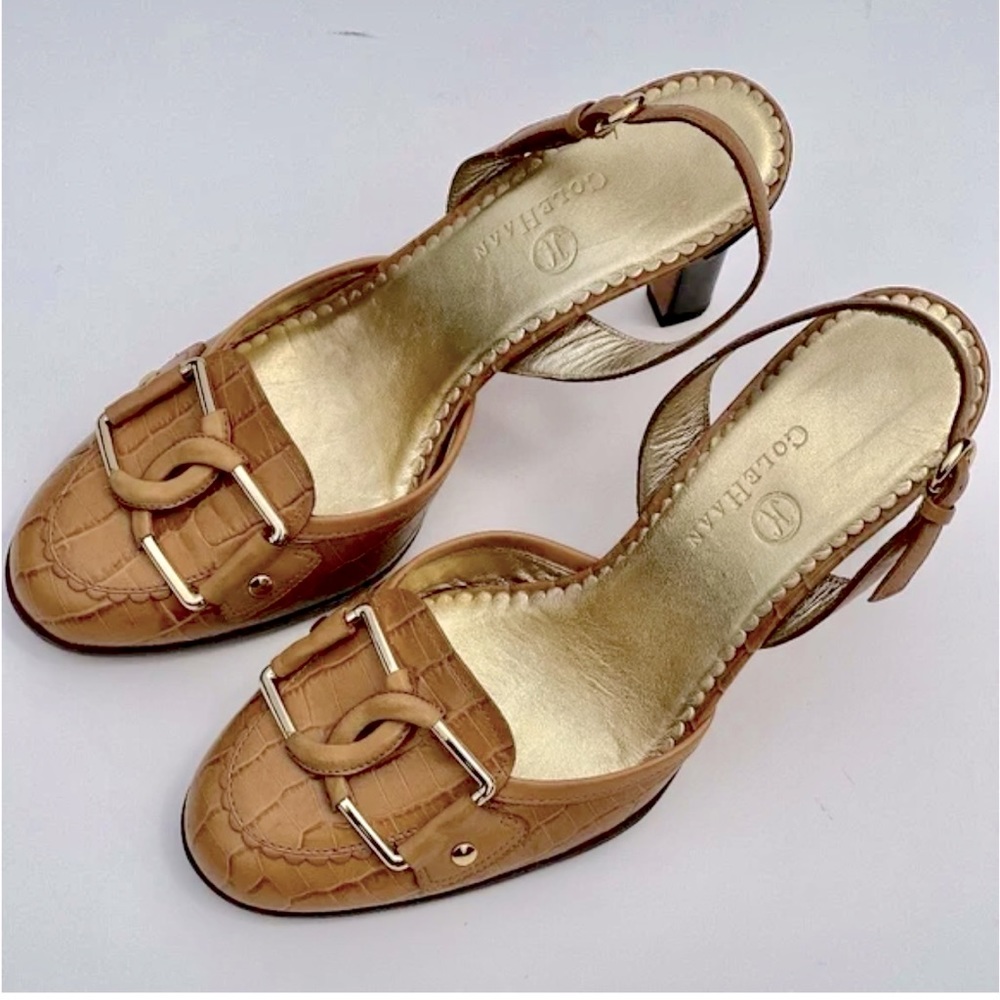 Cole Haan Tan Gold Slingback Buckle Toe Heels | Women’s Size 7.5